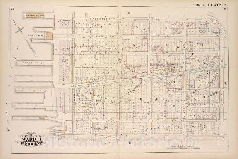 Historic Map - 1880 Brooklyn (New York, N.Y.), Pierrepont St Fulton St Court St Atlantic Ave, East River; - Vintage Wall Art