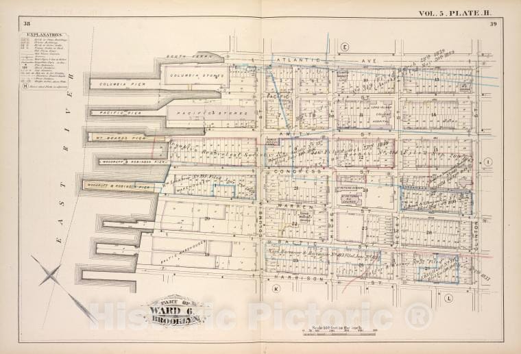 Historic Map - 1880 Brooklyn (New York, N.Y.), Atlantic Ave, Clinton St Harrison St East River; - Vintage Wall Art