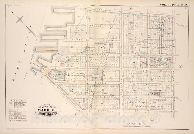 Historic Map - 1880 Brooklyn (New York, N.Y.), Harrison St Henry St Carroll St Hamilton Ave, East River; Irving St Sedgwick St Degraw St Sackett St Union S - Vintage Wall Art