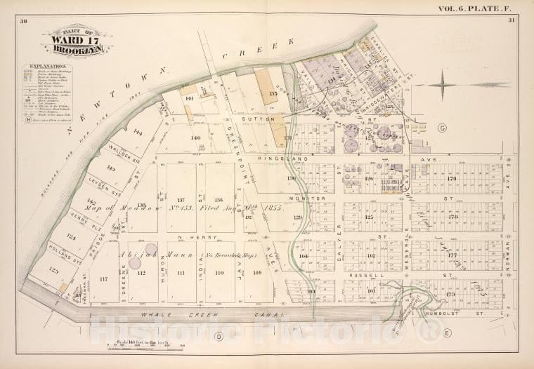 Historic Map - 1880 Brooklyn (New York, N.Y.),Newtown Creek, Charlick St Bridgewater St Meserole Ave, Kingsland Ave, Norman Ave, Humboldt St Whale Creek Canal; - Vintage Wall Art