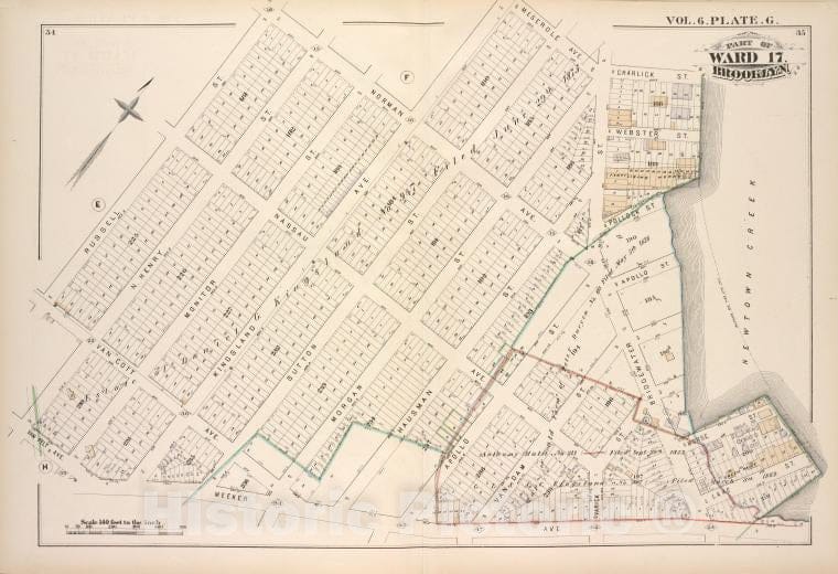 Historic Map - 1880 Brooklyn (New York, N.Y.), Norman Kingsland, Meserole, Charlick Newtown Creek, Meeker, Van Pelt, N. Henry Van Cott, Russell ; - Vintage Wall Art