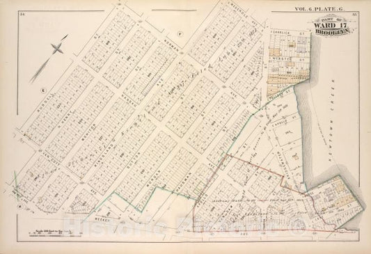 Historic Map - 1880 Brooklyn (New York, N.Y.), Norman Kingsland, Meserole, Charlick Newtown Creek, Meeker, Van Pelt, N. Henry Van Cott, Russell ; - Vintage Wall Art