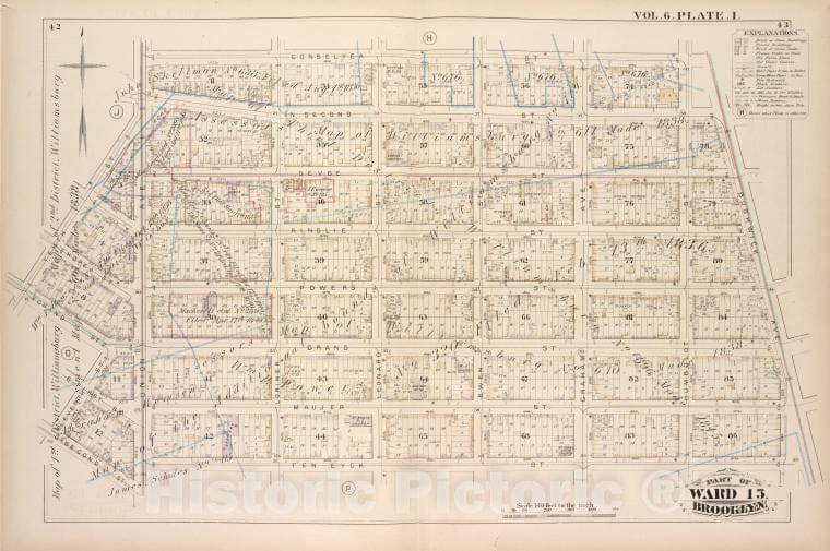 Historic Map - 1880 Brooklyn (New York, N.Y.), Conselyea St Bushwick Ave, Ten Eyck St S. Second St Eleventh St Grand St Tenth St Union Ave, Vintage Wall Art