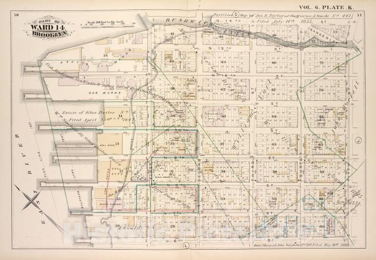 Historic Map - 1880, Brooklyn (New York, N.Y.) Bushwick Inlet, N.14Th St Fifth St N.6Th St East River; - Vintage Wall Art