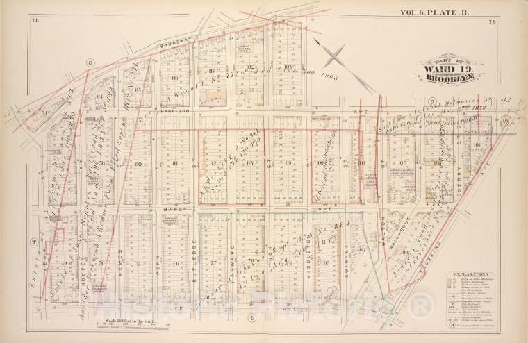 Historic Map - 1880, Brooklyn (New York, N.Y.) Broadway, Middleton St Harrison Ave, Flushing Ave, Lee Ave, Keap St; - Vintage Wall Art