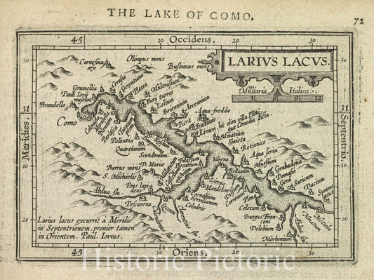 Historic Map - 1603 Como, Lake (Italy), Larius Lacus, Abraham Ortelius - Vintage Wall Art