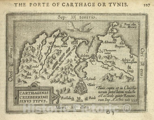 Historic Map - 1603 Tunis (Tunisia), Carthaginis Celeberrimi Sinus Typus, Abraham Ortelius - Vintage Wall Art