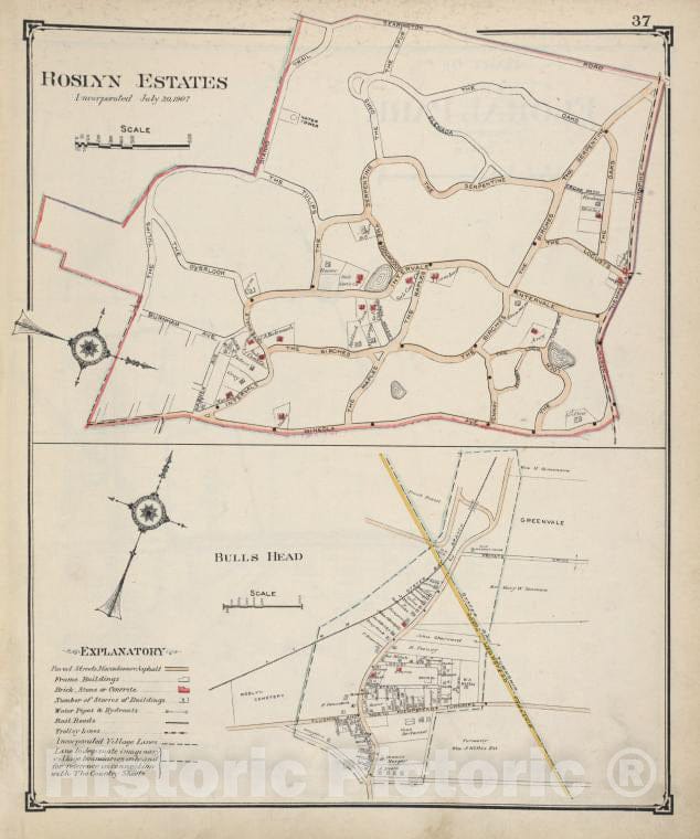 Historic Map - Roslyn Estates; Bulls Head - Nassau County (N.Y.)- New York (State) - Nassau County - Vintage Wall Art