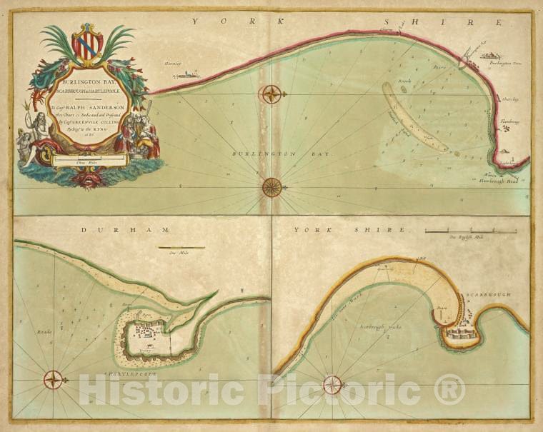Historic 1702 Map - Burlington Bay, Scarbrouth And Hartlepoole - Vintage Wall Art