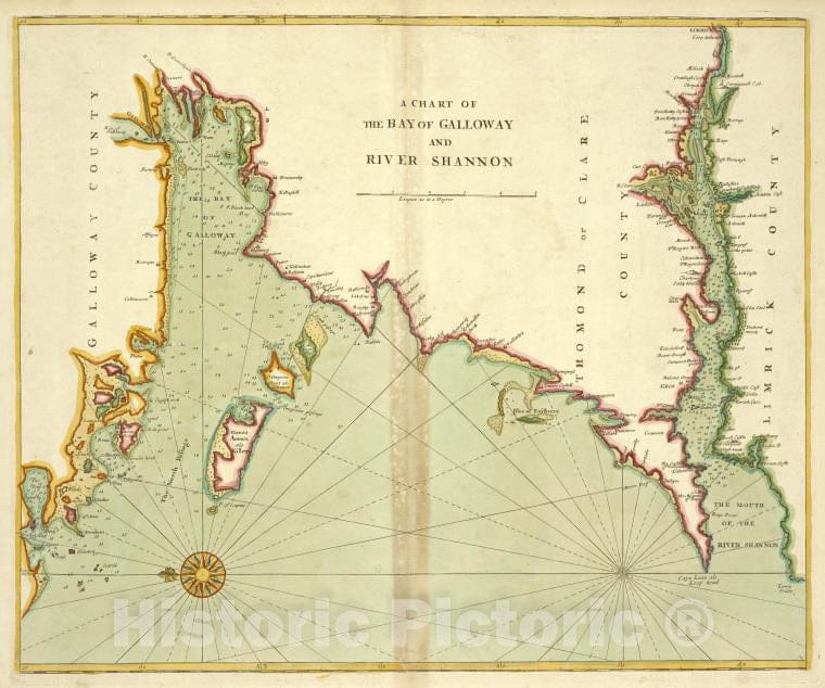 Historic 1702 Map - A Chart Of The Bay Of Galloway And River Shannon - Vintage Wall Art