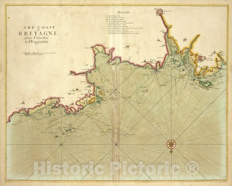 Historic 1702 Map - The Coast Of Bretagne From I : Gueltas To Plougoulin - Vintage Wall Art