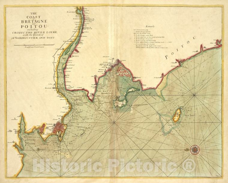 Historic 1702 Map - The Coast Of Bretagne And Poitou Including Crozic, The River Loi - Vintage Wall Art
