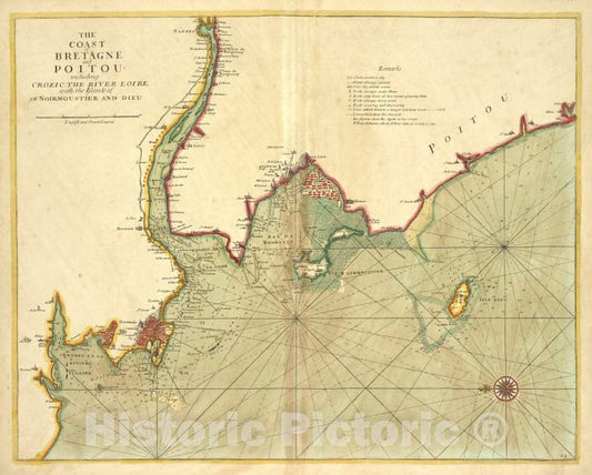 Historic 1702 Map - The Coast Of Bretagne And Poitou Including Crozic, The River Loi - Vintage Wall Art