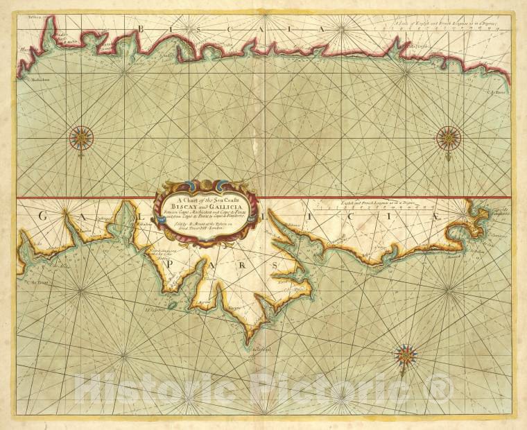 Historic 1702 Map - The Chart Of Sea Coasts Biscay And Galicia Between Cape Machica - Vintage Wall Art
