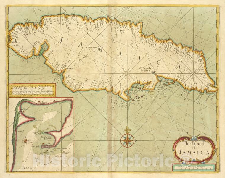 Historic 1702 Map - The Island Of Jamaica ; A Draft Of The Harbor Of Port Royall And - Vintage Wall Art