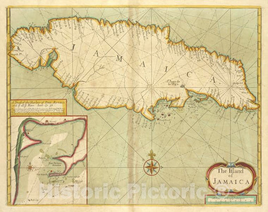 Historic 1702 Map - The Island Of Jamaica ; A Draft Of The Harbor Of Port Royall And - Vintage Wall Art