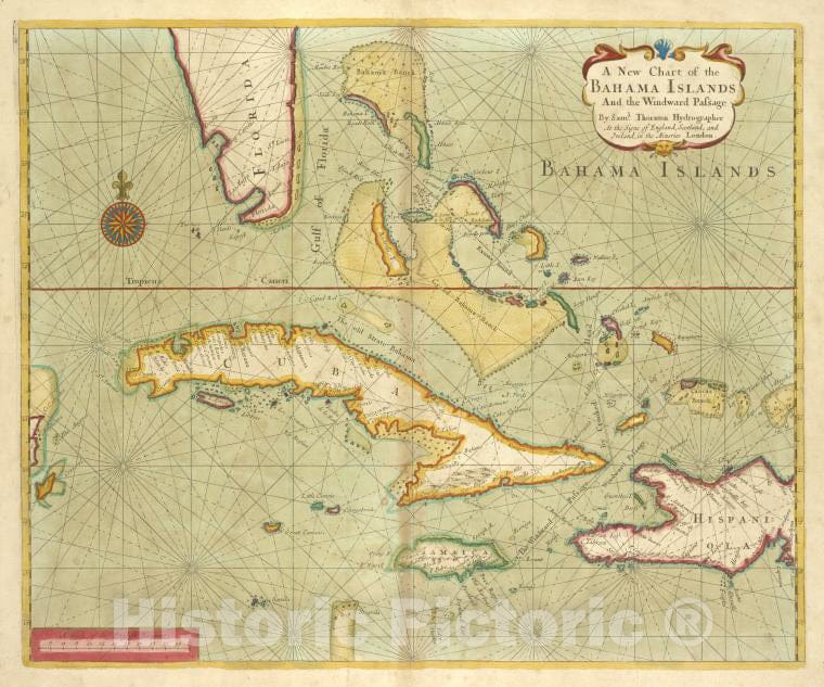 Historic 1702 Map - A New Chart Of The Bahama Islands And The Windward Passage - Vintage Wall Art