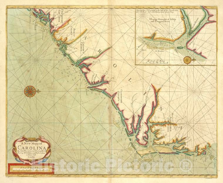 Historic 1702 Map - A New Mapp Of Carolina ; A Large Draught Of Ashly And Coopers Ri - Vintage Wall Art