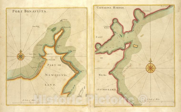 Historic 1702 Map - Port Bonavista Part Of New-Found-Land; Cattalina Harbor Part Of - Vintage Wall Art