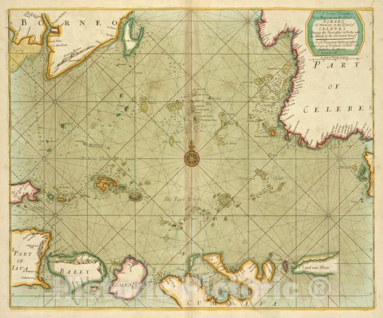Historic 1702 Map - A Large Draught From Benjar On The Island Of Borneo To Macasser - Vintage Wall Art