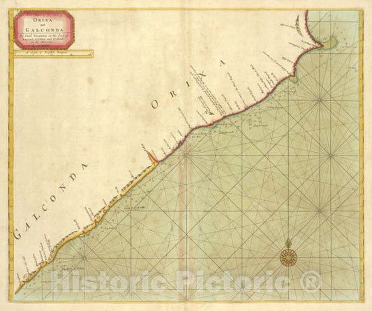 Historic Map - 1702 Indian Ocean, A New Chart Of The Coast Of Orixa And Galconda - Vintage Wall Art