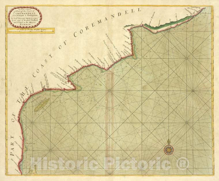 Historic 1702 Map - A New Chart Of Part Of The Coast Of Coremandell From Armegon To - Vintage Wall Art
