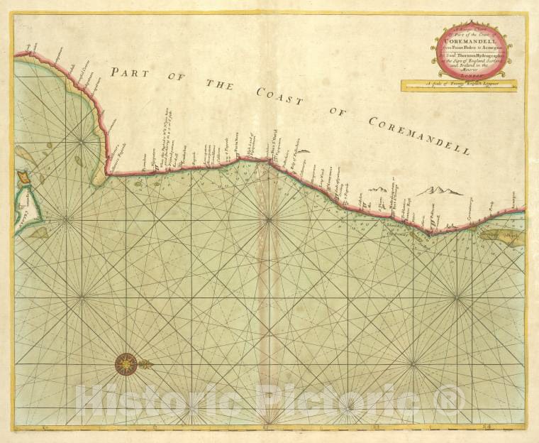 Historic 1702 Map - A Large Chart Of Part Of The Coast Of Coremandell From Point Ped - Vintage Wall Art