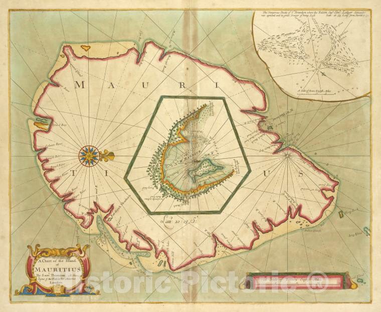 Historic 1702 Map - A Chart Of The Island Of Mauritius - Vintage Wall Art