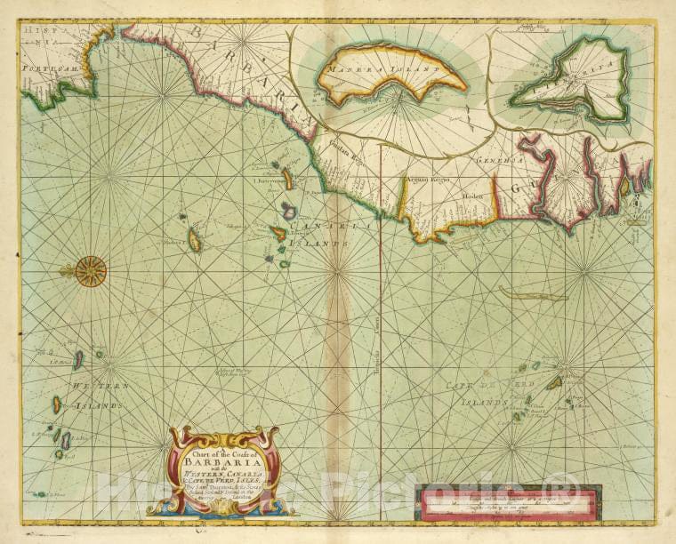Historic 1702 Map - A Chart Of The Coast Of Barbaria With The Western, Canaria And C - Vintage Wall Art