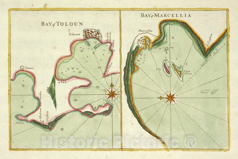 Historic 1702 Map - Bay Of Touloun ; Bay Of Marcellia. - Vintage Wall Art