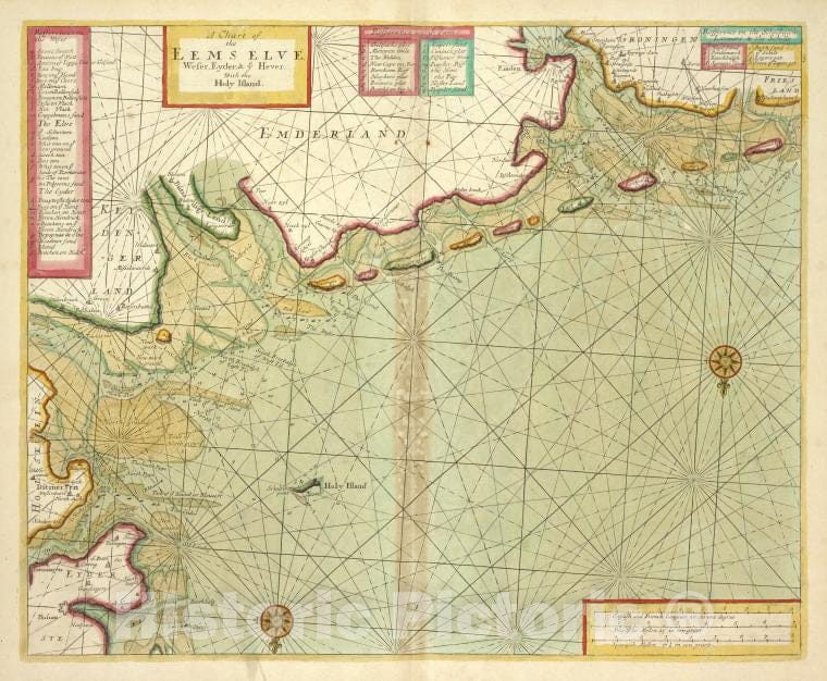 Historic 1702 Map - A Chart Of Eems Elve, Wefer, Eyder And Hever. With The Holy Isla - Vintage Wall Art
