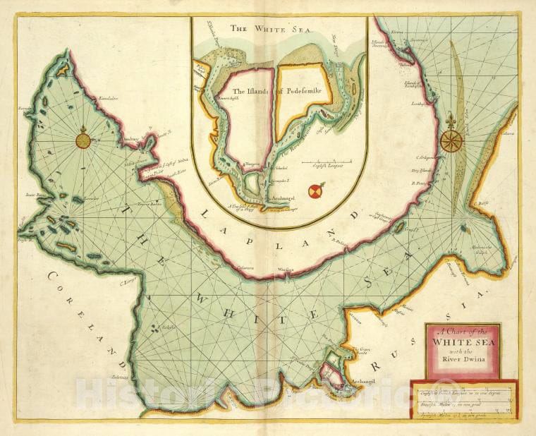 Historic 1702 Map - A Chart Of The White Sea With The River Dwina - Vintage Wall Art