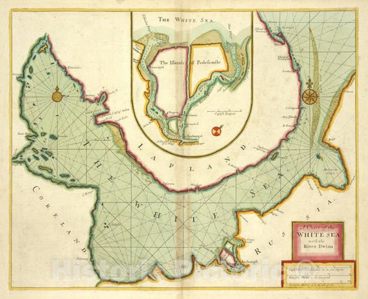 Historic 1702 Map - A Chart Of The White Sea With The River Dwina - Vintage Wall Art