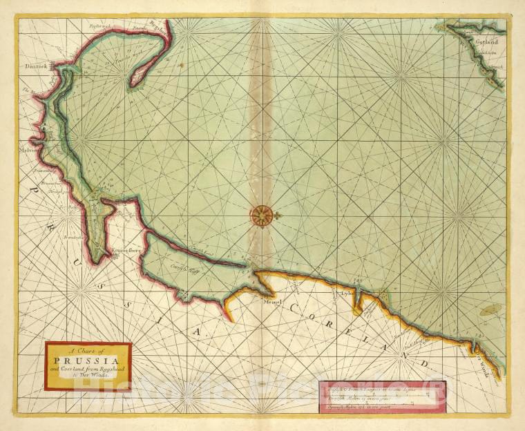 Historic 1702 Map - A Chart Of Prussia And Coerland From Rygshead To Der Winda - Vintage Wall Art