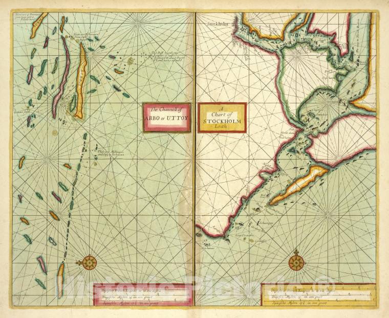 Historic 1702 Map - The Channell Of Abbo Or Uttoy; A Chart Of Stockholm Leith - Vintage Wall Art