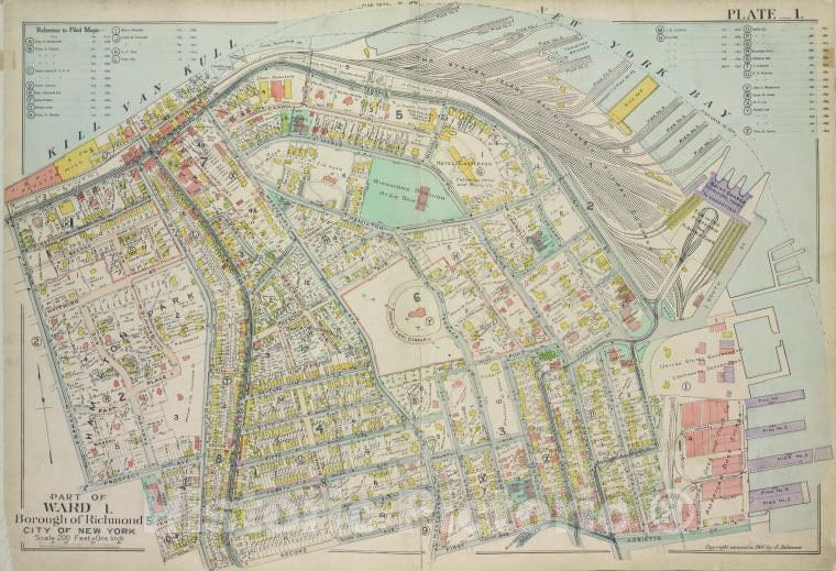 Historic 1907 Map - Plate 1, Part Of Ward 1: [Map Bound By Kill Van Kull, Pier Head - Vintage Wall Art