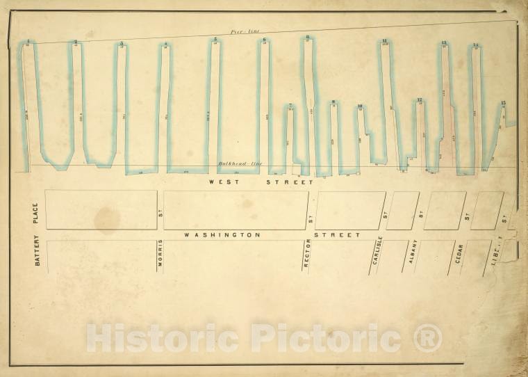 Historic Map - 1860 New York (N.Y.) [Pier - Line 1-15, Liberty St, Washington St, Battery Place; West St, Morris St, Rector St, Carlisle St, Albany St, Cedar St] - Vintage Wall Art