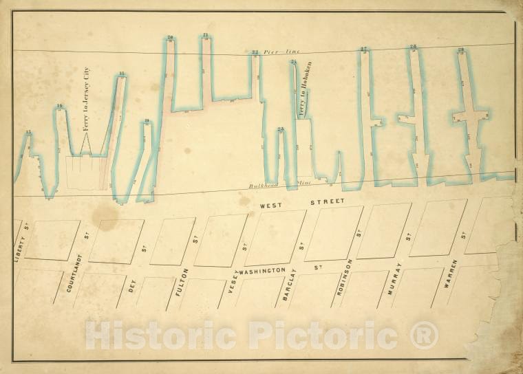 Historic Map - 1860 New York (N.Y.), [Pier - Line 15-29, Warren, Washington, Liberty; West, Courtlandt, Dey, Fulton, Vesey, Barclay, Robinson, Murray] - Vintage Wall Art