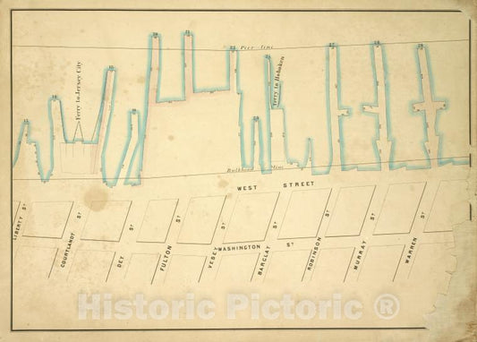 Historic Map - 1860 New York (N.Y.), [Pier - Line 15-29, Warren, Washington, Liberty; West, Courtlandt, Dey, Fulton, Vesey, Barclay, Robinson, Murray] - Vintage Wall Art