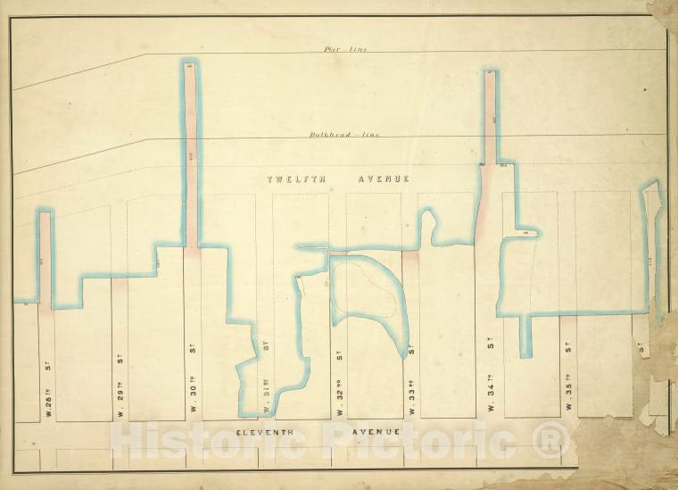 Historic Map - 1860 New York (N.Y.), [Pier - Line, W. 36Th, Eleventh, W. 28Th; 12Th, W. 29Th, W. 30Th, W. 31St, W. 32Nd, W. 33Th, W. 34Th, W. 35Th] - Vintage Wall Art
