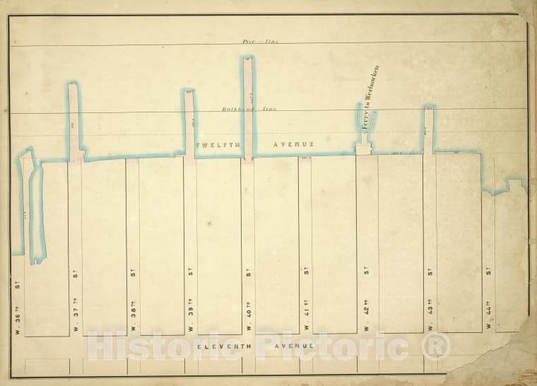Historic Map - 1860 New York (N.Y.), [Pier - Line, W. 44Th, Eleventh, W. 36Th; 12Th, W. 37Th, W. 38Th, W. 39Th, W. 40Th, W. 41St, W. 42Nd, W. 43Th] - Vintage Wall Art