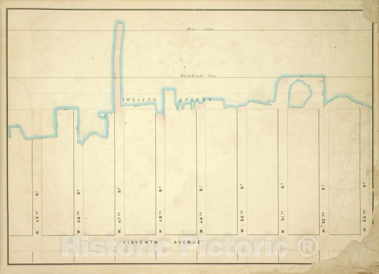Historic Map - 1860 New York (N.Y.), [Pier - Line, W. 53Th, Eleventh, W. 45Th; 12Th, W. 46Th, W. 47Th, W. 48Th, W. 49Th, W. 50Th, W. 51St, W. 52Nd] - Vintage Wall Art
