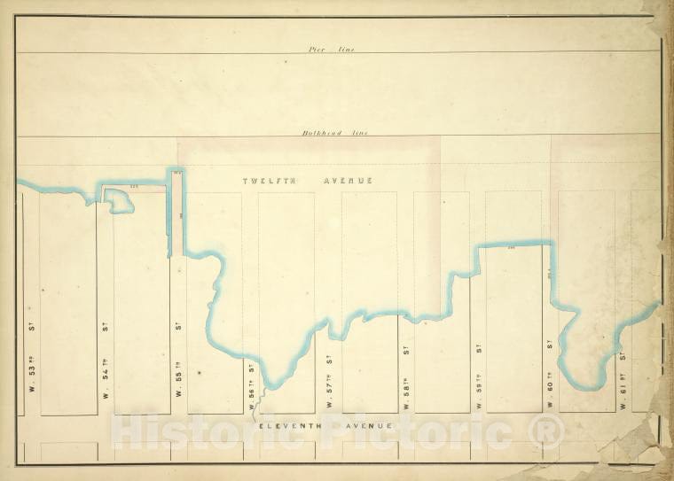 Historic Map - 1860 New York (N.Y.), [Pier - Line, W. 61St, Eleventh, W. 53Th; 12Th, W. 54Th, W. 55Th, W. 56Th, W. 57Th, W. 58Th, W. 59St, W. 60Nd] - Vintage Wall Art