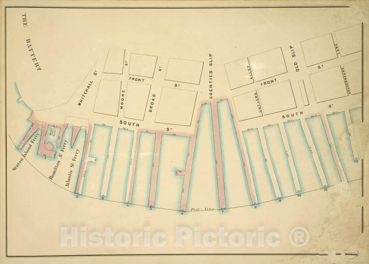 Historic Map - 1860 New York (N.Y.), Front, Gouverneurs Lane, Pier - Line 1-13; South,Aten Island Ferry, Hamilton Av Ferry, Atlantic Ferry, Whitehall, Moore, Broad - Vintage Wall Art