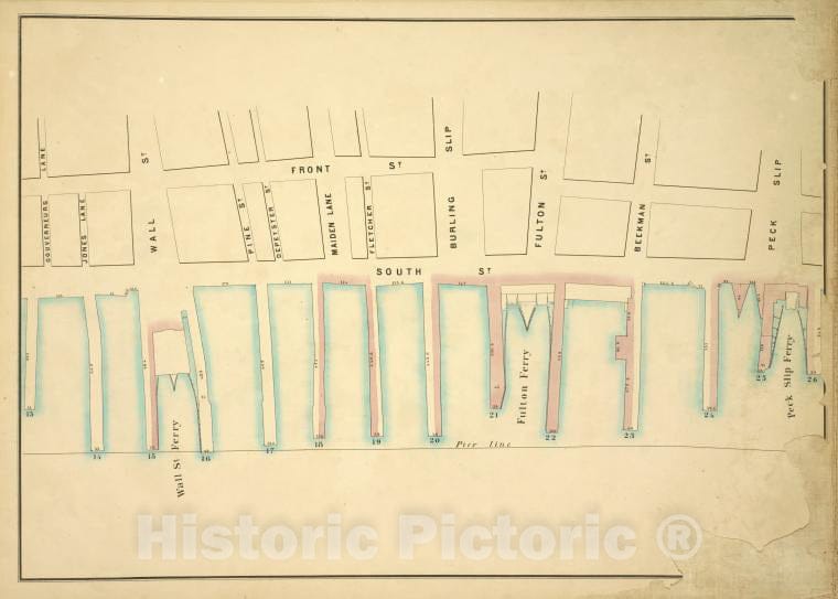 Historic Map - 1860 New York (N.Y.) Peck Slip, Peck Slip Ferry, Pier - Line 13-26; Gouverneurs Lane, Jones Lane, Wall, Wall Ferry, Pine, Depeyster, Maiden Lane - Vintage Wall Art