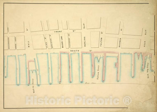 Historic Map - 1860 New York (N.Y.) Peck Slip, Peck Slip Ferry, Pier - Line 13-26; Gouverneurs Lane, Jones Lane, Wall, Wall Ferry, Pine, Depeyster, Maiden Lane - Vintage Wall Art