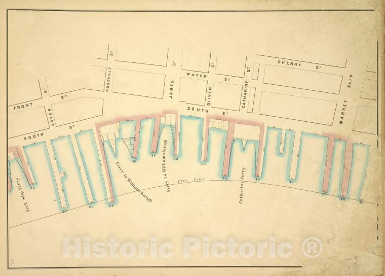 Historic Map - 1860 New York (N.Y.), Front, Water, Cherry, Market Slip, Pier - Line 26-39; South, Peck Slip Ferry, Dover, Roosevelt, Ferry To Williamsburgh, James, Vintage Wall Art