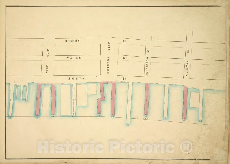 Historic Map - 1860 New York (N.Y.), [Cherry St, Clinton St, Pier - Line 39-49, Pike St; Including Water St, South St, Rutgers Slip, Jefferson St] - Vintage Wall Art