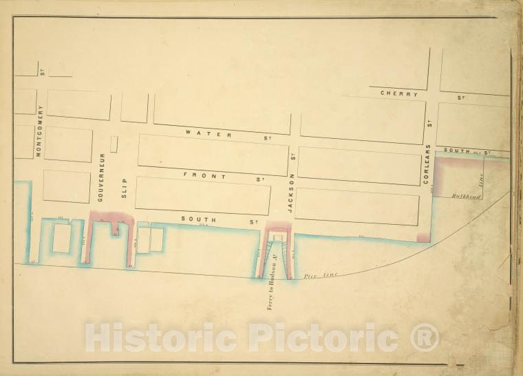 Historic Map - 1860 New York (N.Y.), [Cherry St, Corlears St, Pier, Montgomery St; Water St, Front St, South St, Gouverneur Slip, Ferry To Hudson Av, Jackson St] - Vintage Wall Art
