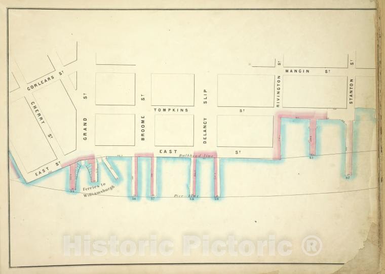 Historic Map - 1860 New York (N.Y.) [Corlears, Mangin,Anton, Pier - Line 55-62, Cherry; Tompkins, East, Grand, Broome, Delancy Slip, Rivington,] - Vintage Wall Art